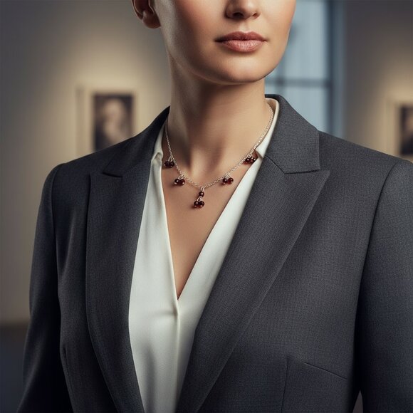 Foxy Deep Red Crystal Negligee Necklace Sterling Silver Beaded Choker Necklace - Picture 1 of 7